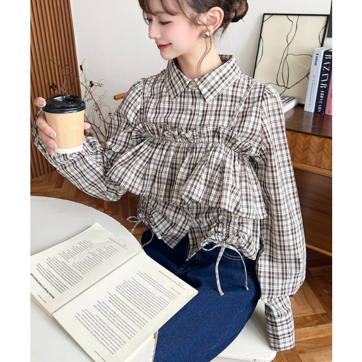 フリルビスチェセット裾ドロストリボン長袖チェックシャツ | moment+ | 詳細画像4 