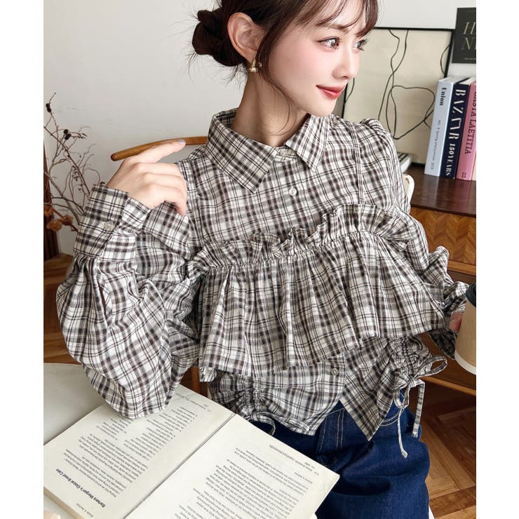 フリルビスチェセット裾ドロストリボン長袖チェックシャツ | moment+ | 詳細画像6 