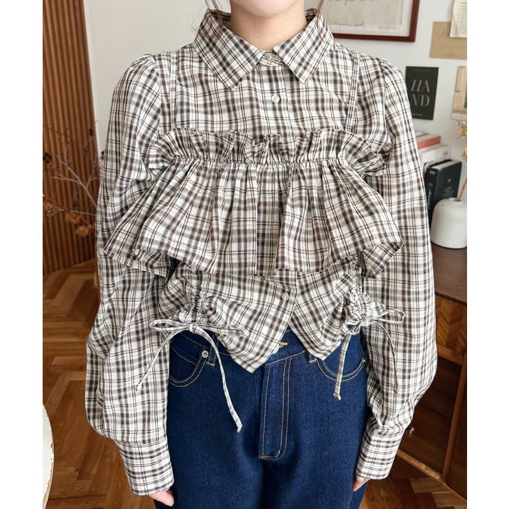 フリルビスチェセット裾ドロストリボン長袖チェックシャツ | moment+ | 詳細画像8 