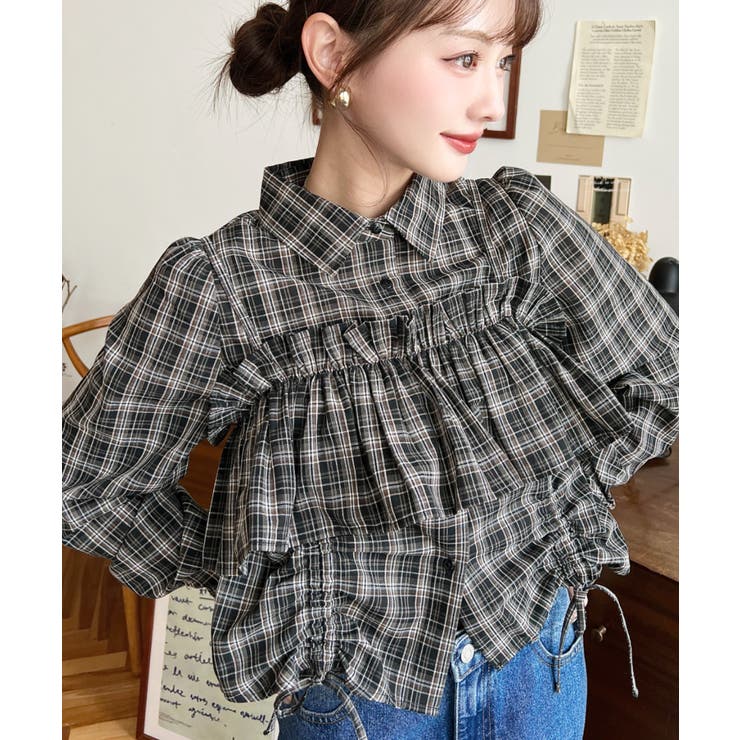 ブラック | フリルビスチェセット裾ドロストリボン長袖チェックシャツ | moment+