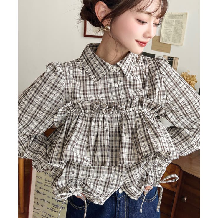 フリルビスチェセット裾ドロストリボン長袖チェックシャツ[品番