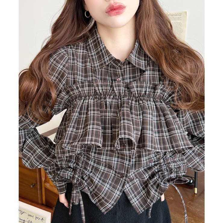 ブラウン | フリルビスチェセット裾ドロストリボン長袖チェックシャツ | moment+