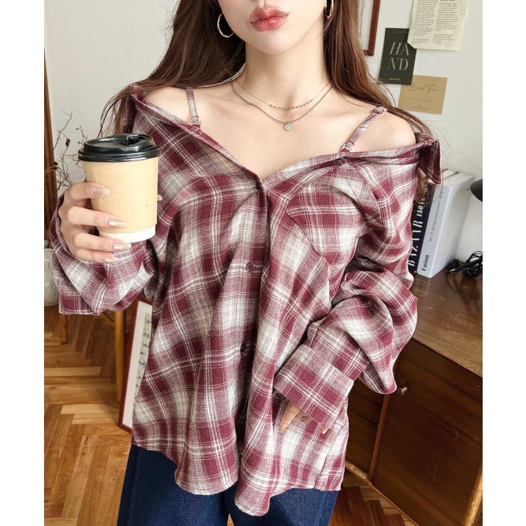 ボルドー | マルチウェイ長袖ルーズチェックシャツ | moment+