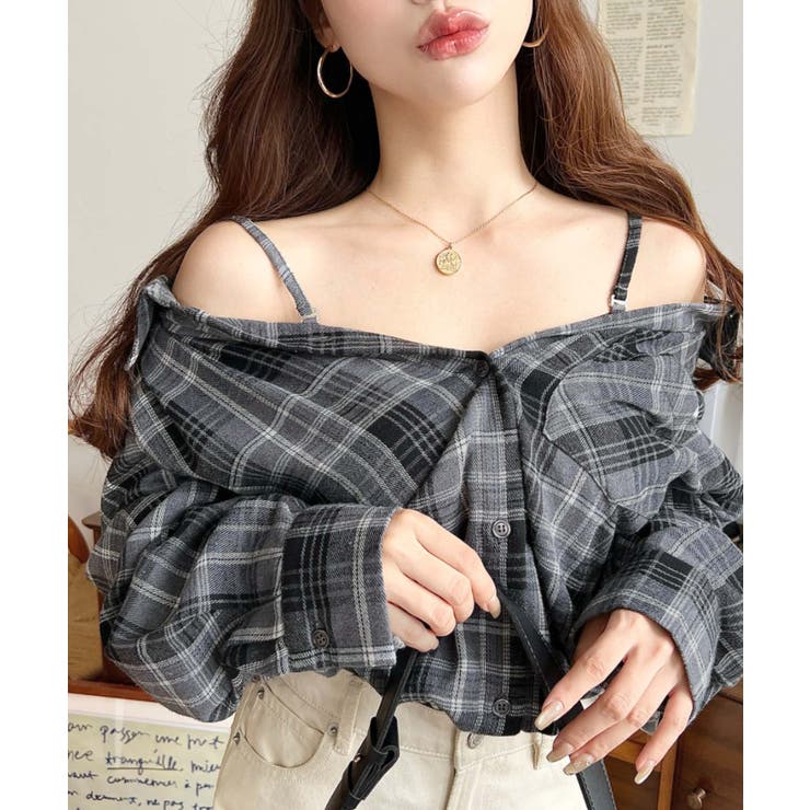 グレー | マルチウェイ長袖ルーズチェックシャツ | moment+