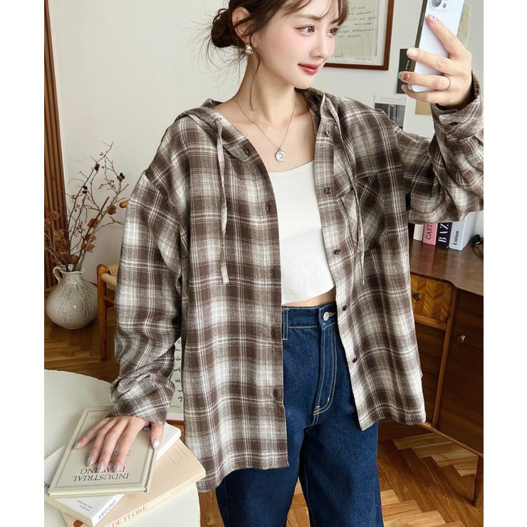 フード付き長袖チェックシャツ | moment+ | 詳細画像18 