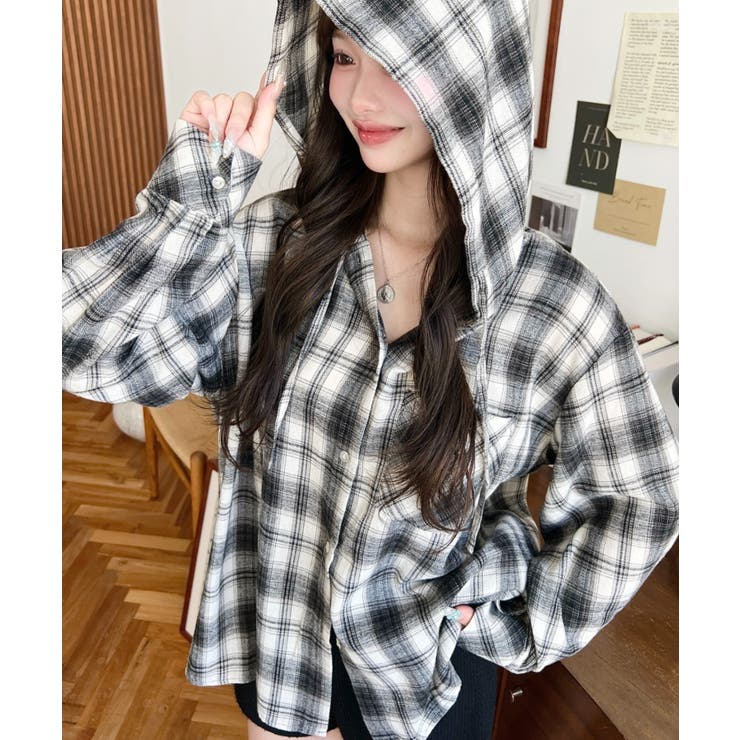 フード付き長袖チェックシャツ | moment+ | 詳細画像2 