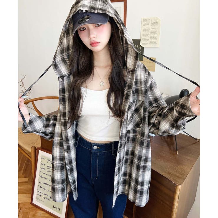 フード付き長袖チェックシャツ | moment+ | 詳細画像8 