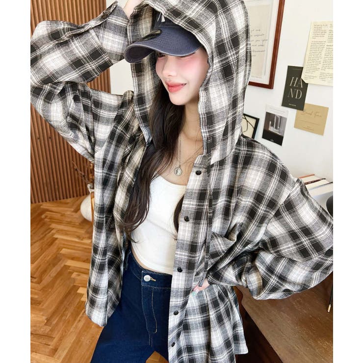 ブラック | フード付き長袖チェックシャツ | moment+