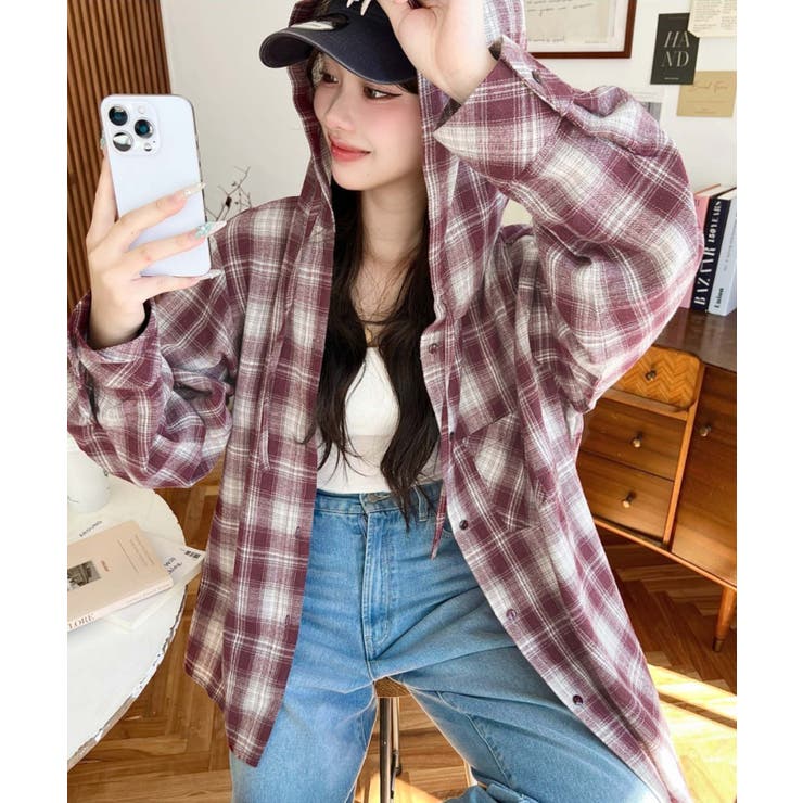 ボルドー | フード付き長袖チェックシャツ | moment+