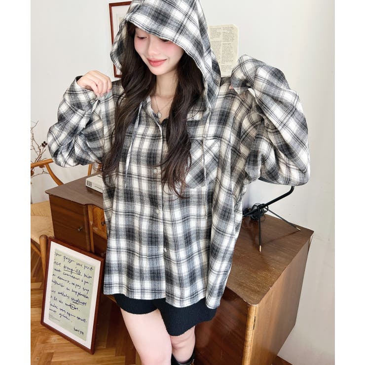 アイボリー | フード付き長袖チェックシャツ | moment+