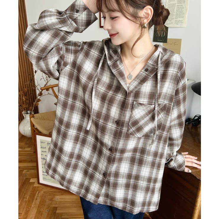 ブラウン | フード付き長袖チェックシャツ | moment+