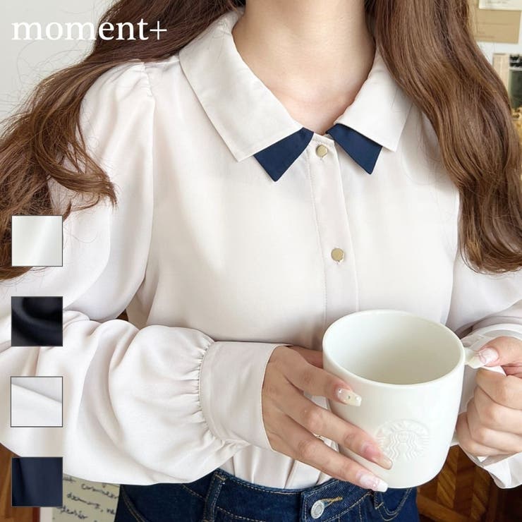 シフォンジョーゼット配色ダブルカラー長袖ブラウス[品番：ERMW0004099