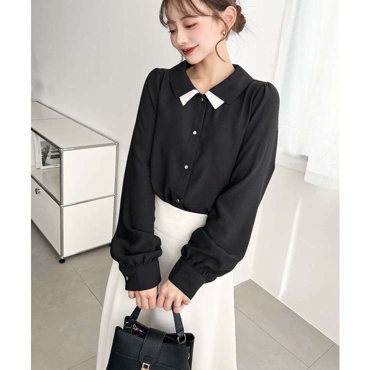 シフォンジョーゼット配色ダブルカラー長袖ブラウス | moment+ | 詳細画像18 