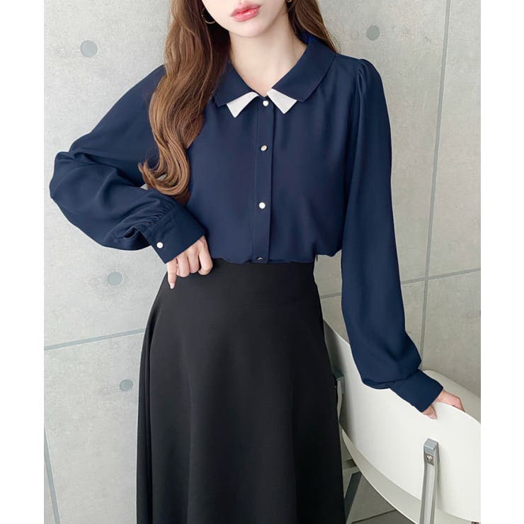 シフォンジョーゼット配色ダブルカラー長袖ブラウス | moment+ | 詳細画像20 