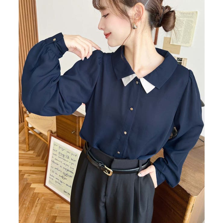 シフォンジョーゼット配色ダブルカラー長袖ブラウス[品番：ERMW0004099