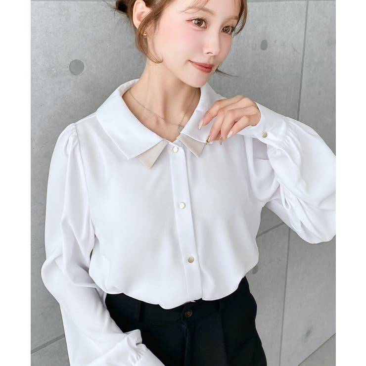 シフォンジョーゼット配色ダブルカラー長袖ブラウス | moment+ | 詳細画像4 