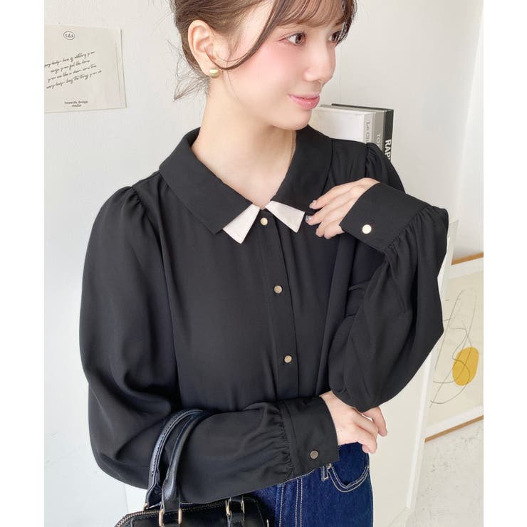 シフォンジョーゼット配色ダブルカラー長袖ブラウス[品番：ERMW0004099