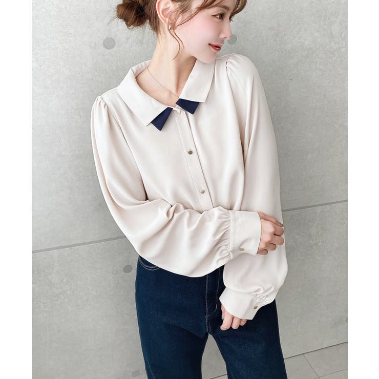 シフォンジョーゼット配色ダブルカラー長袖ブラウス | moment+ | 詳細画像8 