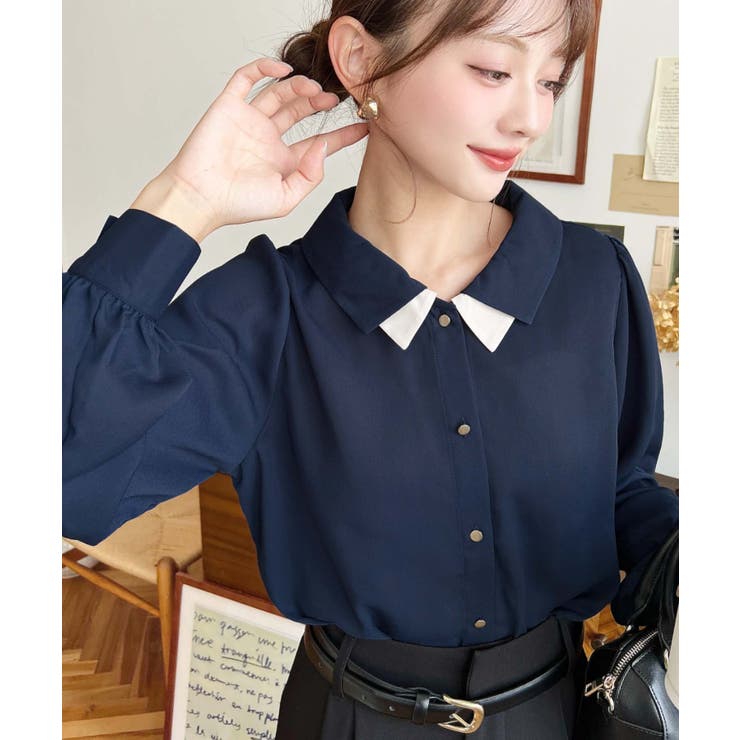 シフォンジョーゼット配色ダブルカラー長袖ブラウス[品番：ERMW0004099