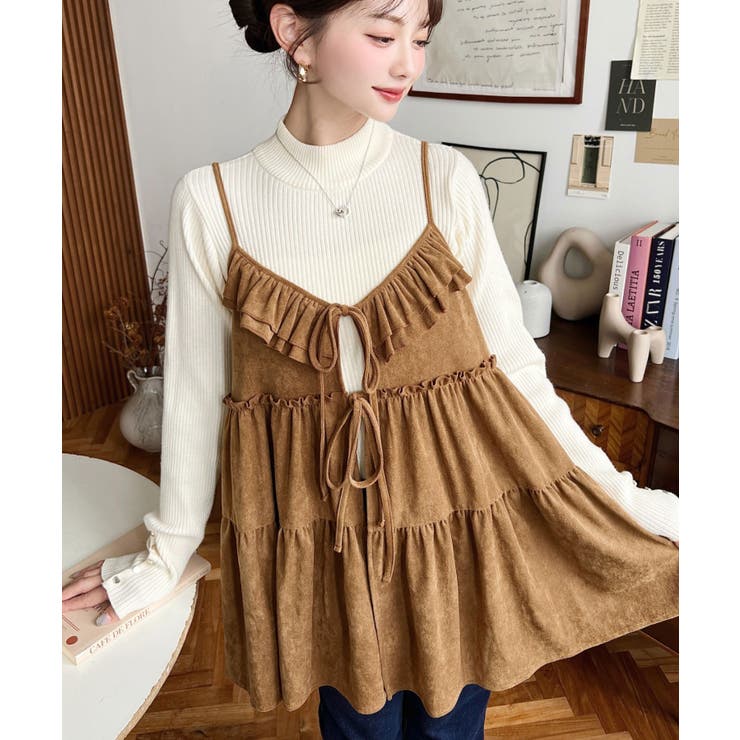 キャメル | ダブルリボンフリルティアードキャミソール | moment+