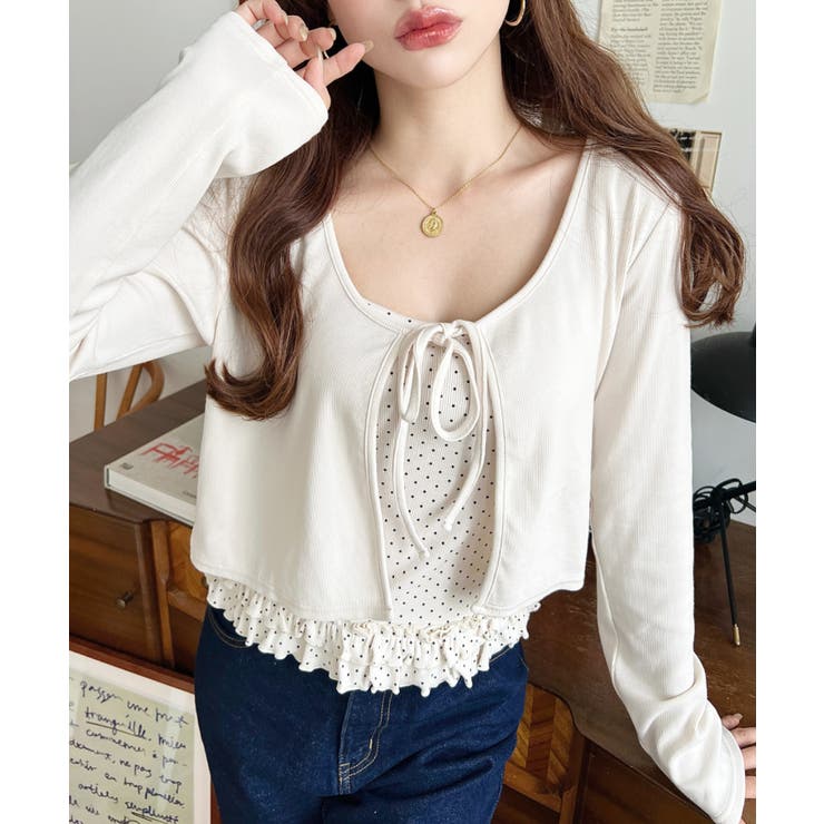 フロントリボンカーディガン+ドットフリルキャミアンサンブル | moment+ | 詳細画像3 