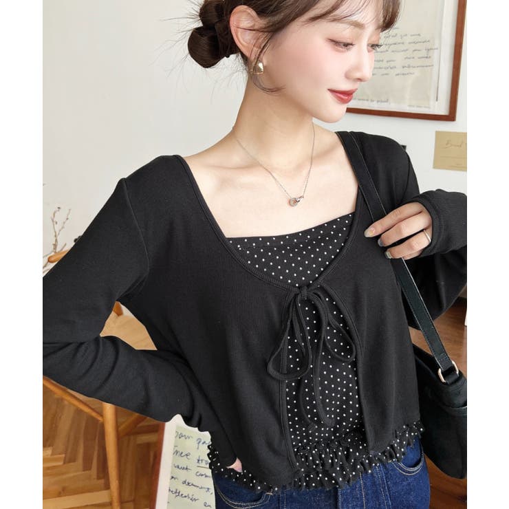 ブラック | フロントリボンカーディガン+ドットフリルキャミアンサンブル | moment+