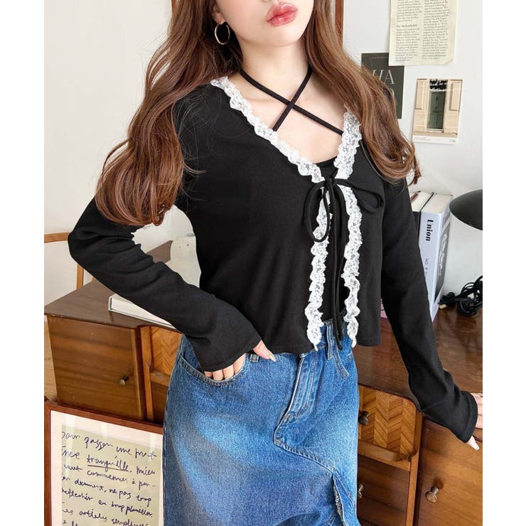 【美品】トリココムデギャルソン　長袖カーディガン　リボン　レース　ベロア 美品 トリココムデギャルソン リボンカーディガン 黒 サイズM相当*MD50