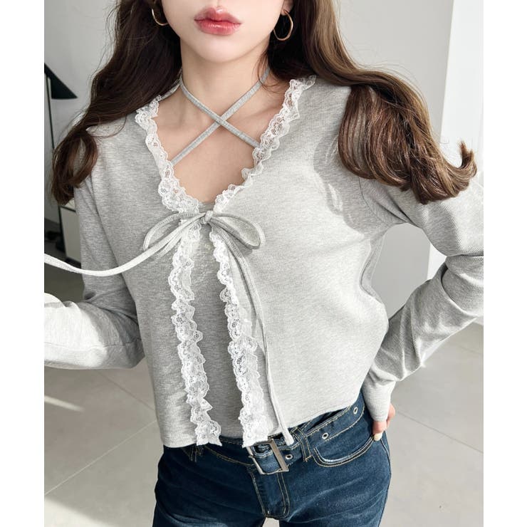 フロントリボンフリルレースカーディガン+クロスネックキャミソールアンサンブル | moment+ | 詳細画像18 