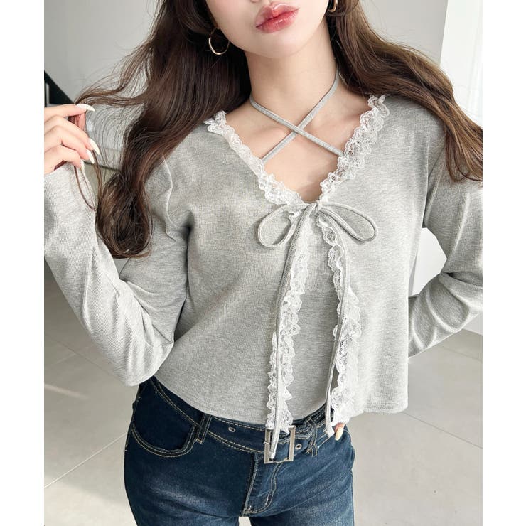 フロントリボンフリルレースカーディガン+クロスネックキャミソールアンサンブル | moment+ | 詳細画像19 