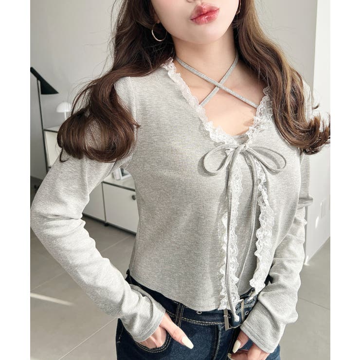 フロントリボンフリルレースカーディガン+クロスネックキャミソールアンサンブル | moment+ | 詳細画像20 