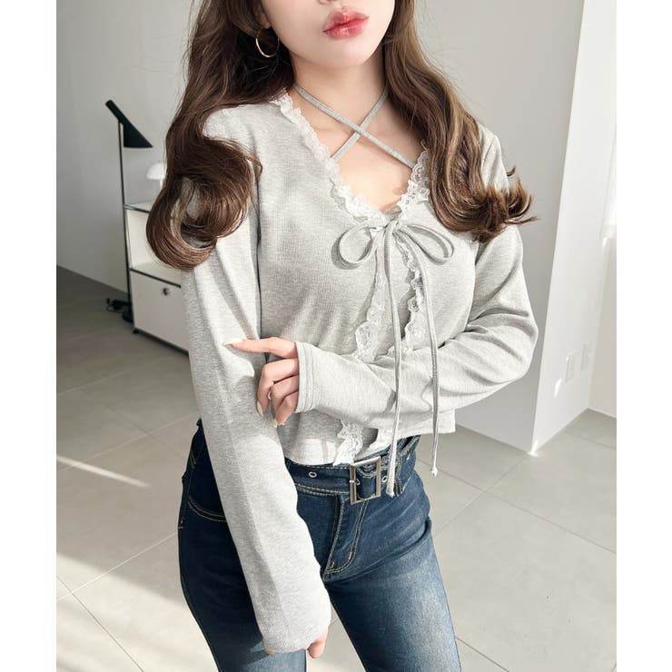 フロントリボンフリルレースカーディガン+クロスネックキャミソールアンサンブル | moment+ | 詳細画像21 