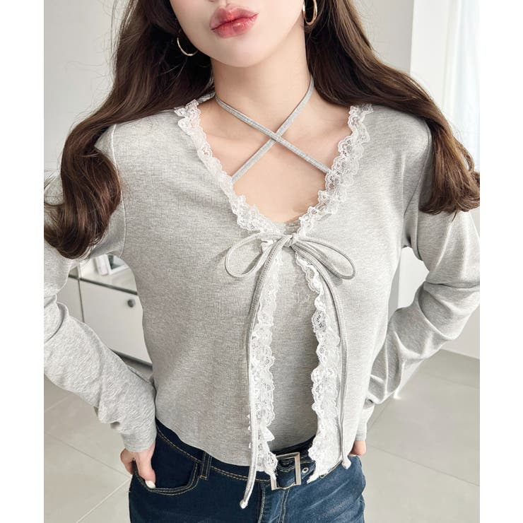 フロントリボンフリルレースカーディガン+クロスネックキャミソールアンサンブル | moment+ | 詳細画像22 