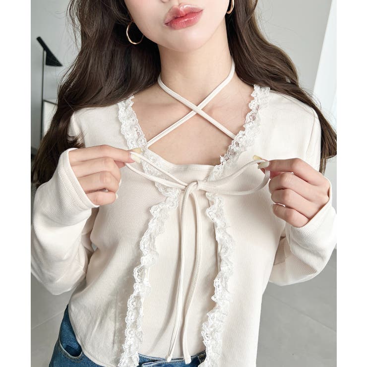 フロントリボンフリルレースカーディガン+クロスネックキャミソールアンサンブル | moment+ | 詳細画像4 