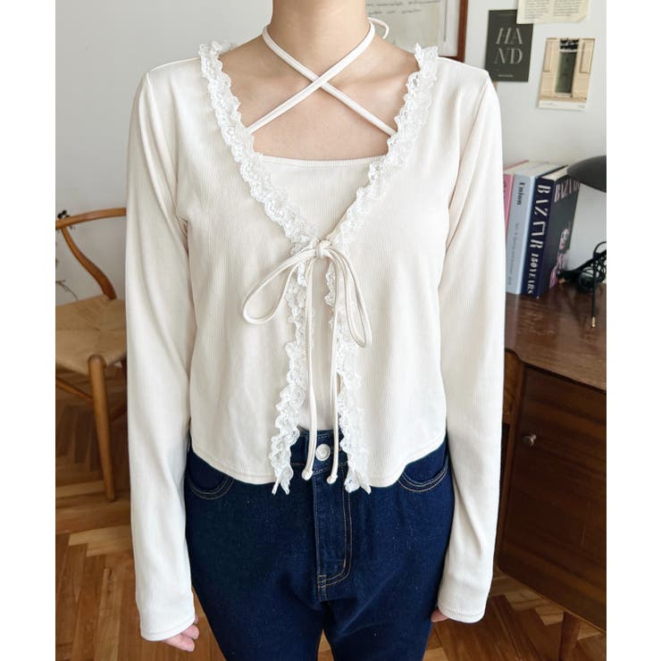 フロントリボンフリルレースカーディガン+クロスネックキャミソールアンサンブル | moment+ | 詳細画像6 