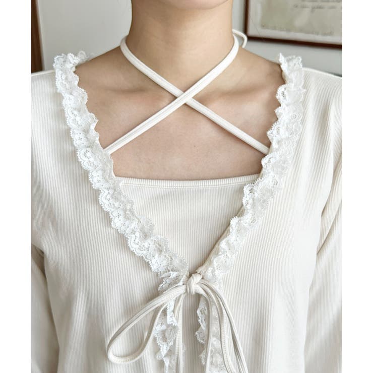 フロントリボンフリルレースカーディガン+クロスネックキャミソールアンサンブル | moment+ | 詳細画像7 