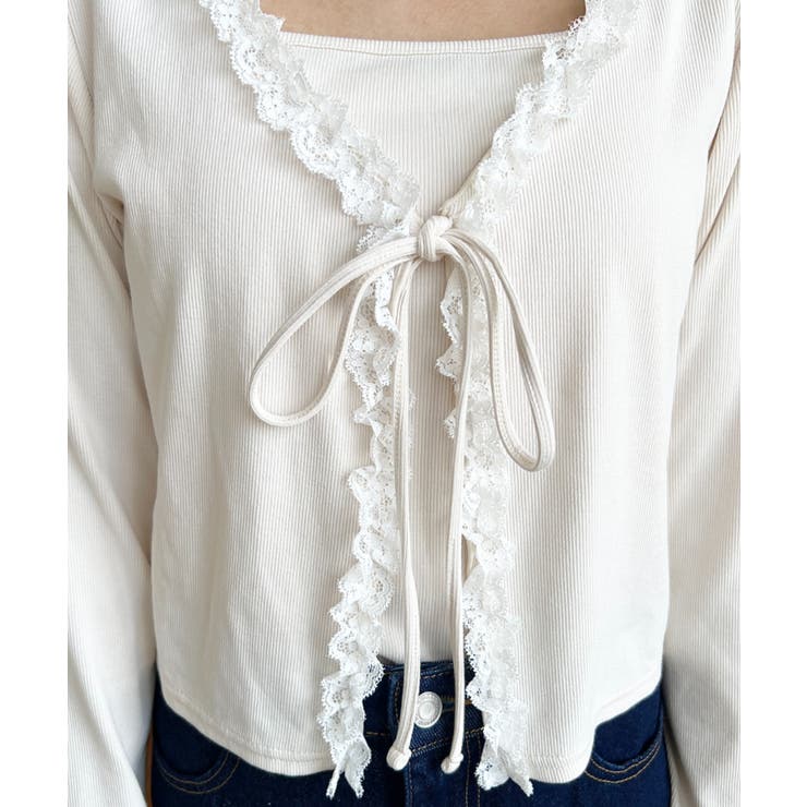 フロントリボンフリルレースカーディガン+クロスネックキャミソールアンサンブル | moment+ | 詳細画像8 