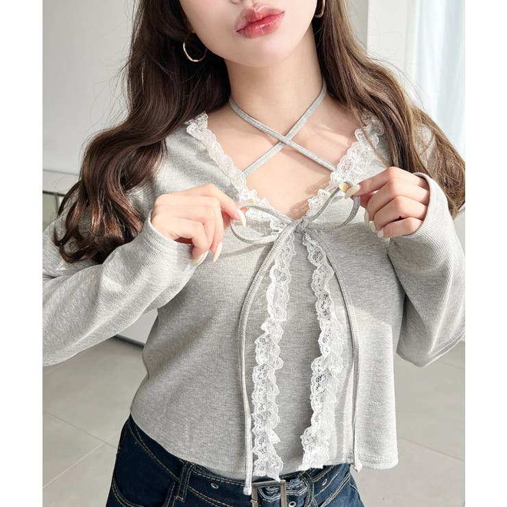 杢グレー | フロントリボンフリルレースカーディガン+クロスネックキャミソールアンサンブル | moment+