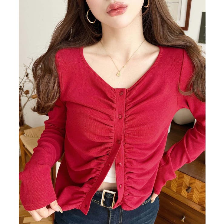 レッド | フロントギャザーショートカーディガン | moment+