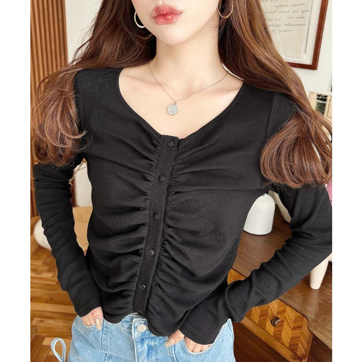 ブラック | フロントギャザーショートカーディガン | moment+