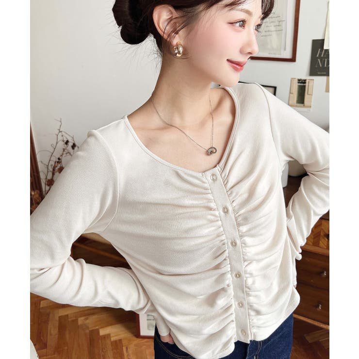 アイボリー | フロントギャザーショートカーディガン | moment+