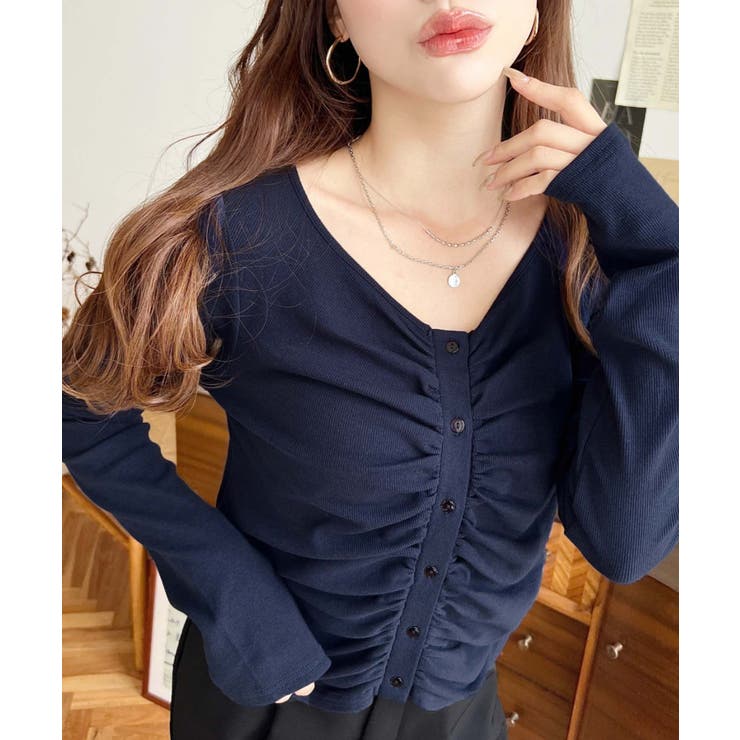 ネイビー | フロントギャザーショートカーディガン | moment+