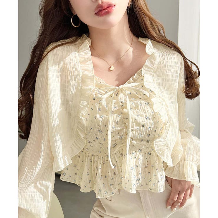 イエロー系その他 | フロントシャーリングキャミ＋フリルリボンボレロセット シアースモッキングライク | moment+