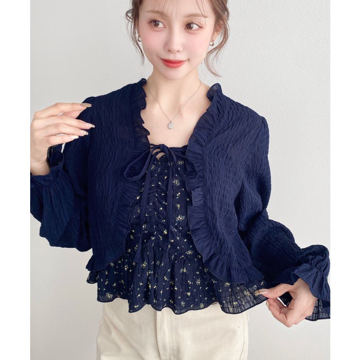 ブルー系その他 | フロントシャーリングキャミ＋フリルリボンボレロセット シアースモッキングライク | moment+