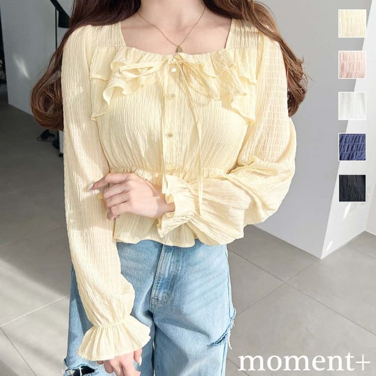 スクエアネック長袖ダブルフリルペプラムブラウス シアースモッキングライク | moment+ | 詳細画像1 