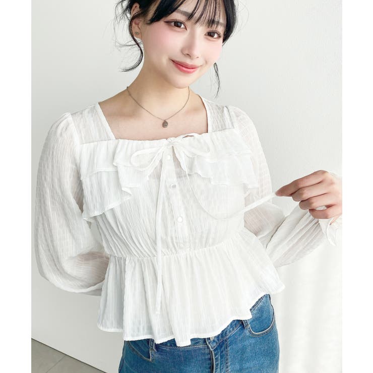 スクエアネック長袖ダブルフリルペプラムブラウス シアースモッキングライク | moment+ | 詳細画像13 