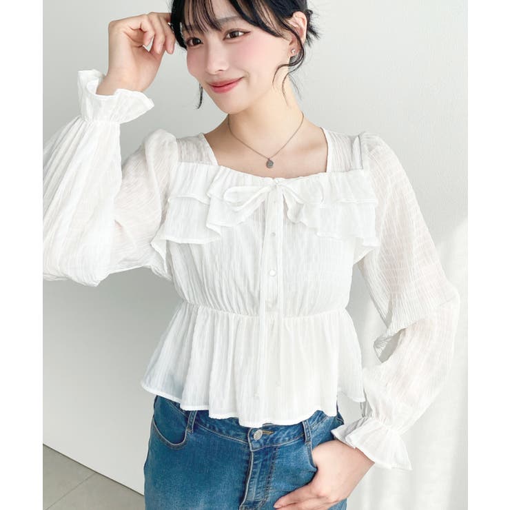 スクエアネック長袖ダブルフリルペプラムブラウス シアースモッキングライク | moment+ | 詳細画像14 