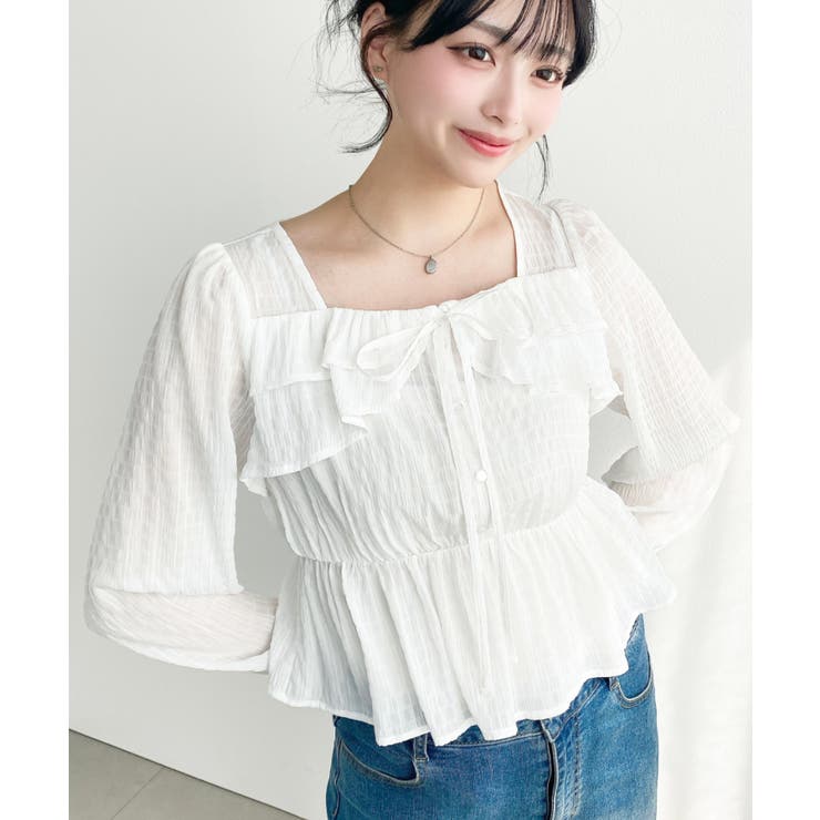 スクエアネック長袖ダブルフリルペプラムブラウス シアースモッキングライク | moment+ | 詳細画像15 