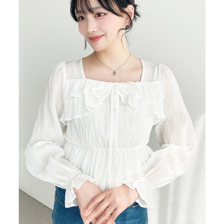 スクエアネック長袖ダブルフリルペプラムブラウス シアースモッキングライク | moment+ | 詳細画像16 