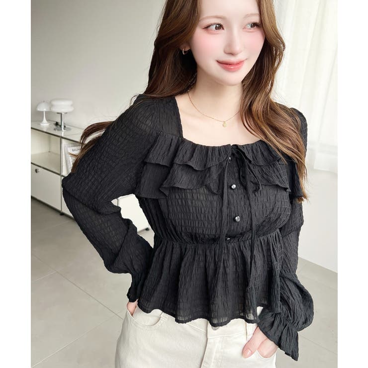 スクエアネック長袖ダブルフリルペプラムブラウス シアースモッキングライク | moment+ | 詳細画像18 