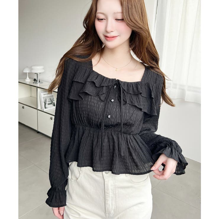 スクエアネック長袖ダブルフリルペプラムブラウス シアースモッキングライク | moment+ | 詳細画像19 